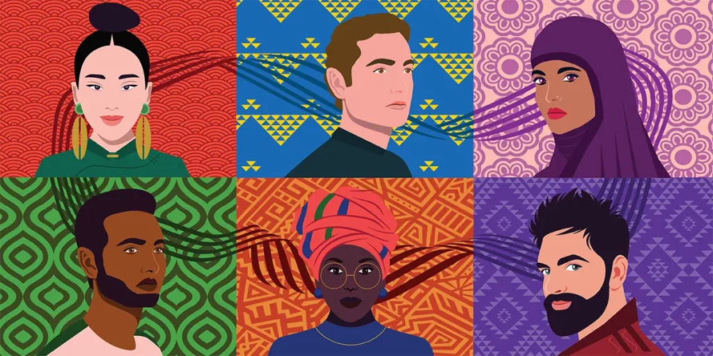 An illustration of six faces, each representing different ethnicities and cultures. iWeek 2024 UT Dallas
